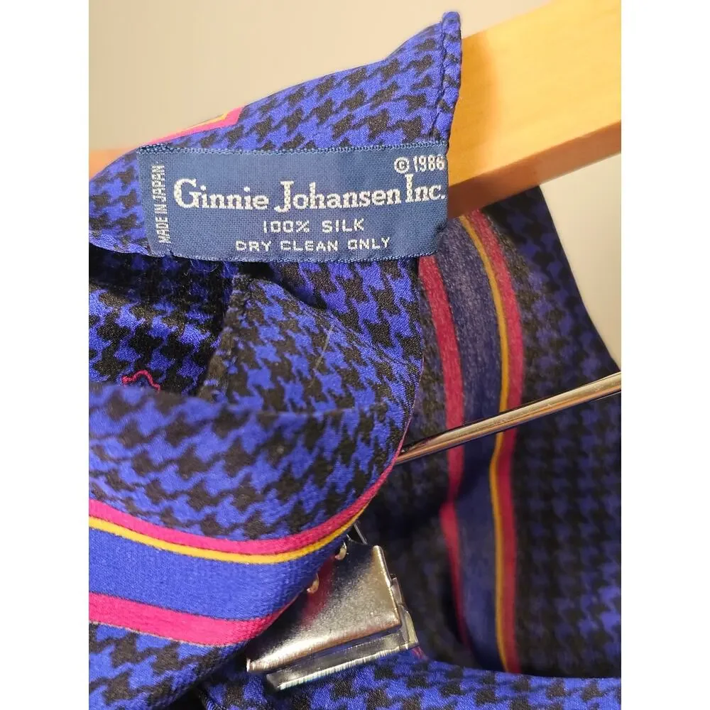 1986 Ginnie Johansen 100% Silk Blue Patterned Scarf with Pink Accent